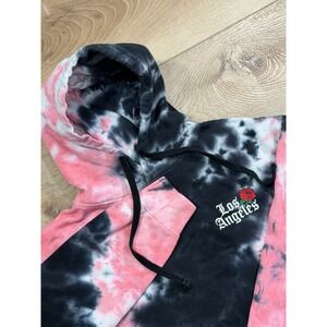 DIKOTOMY M Standard Fit Punk Skate Tie Dye Hoodie LA‎ Rose Print Pink Black